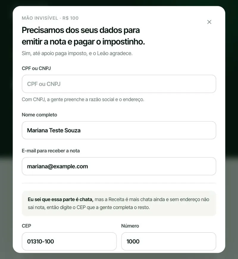 Dados para a nota fiscal