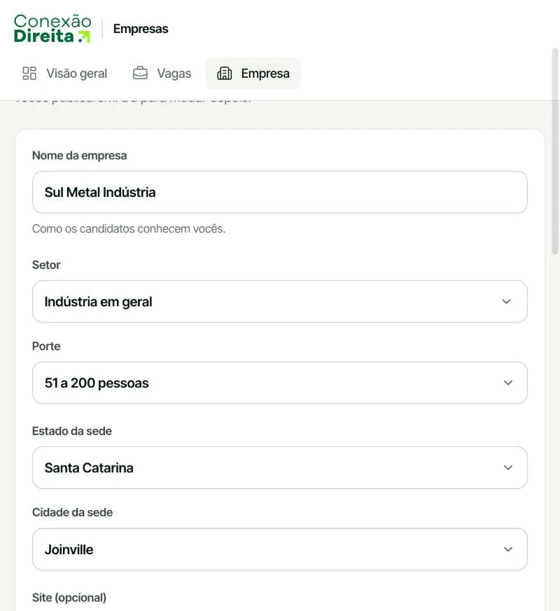 Formulário de cadastro da empresa