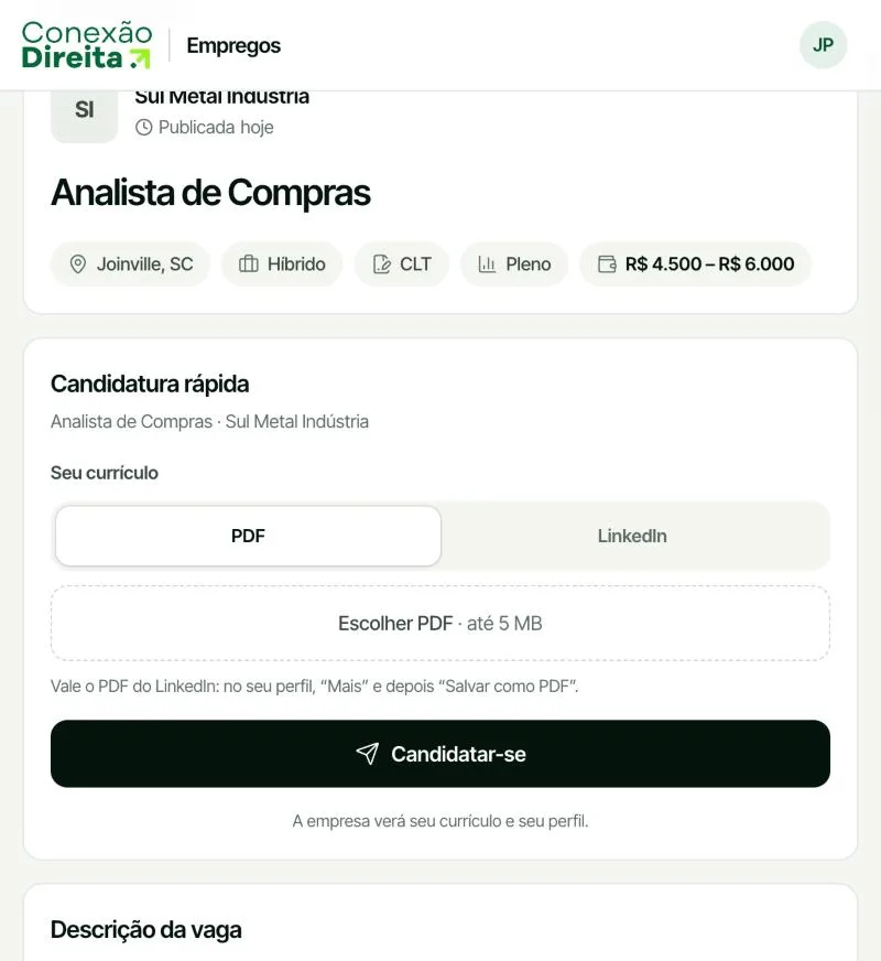 Cartão de candidatura rápida numa vaga