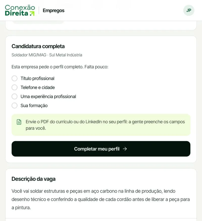 Cartão de candidatura completa com o que falta no perfil
