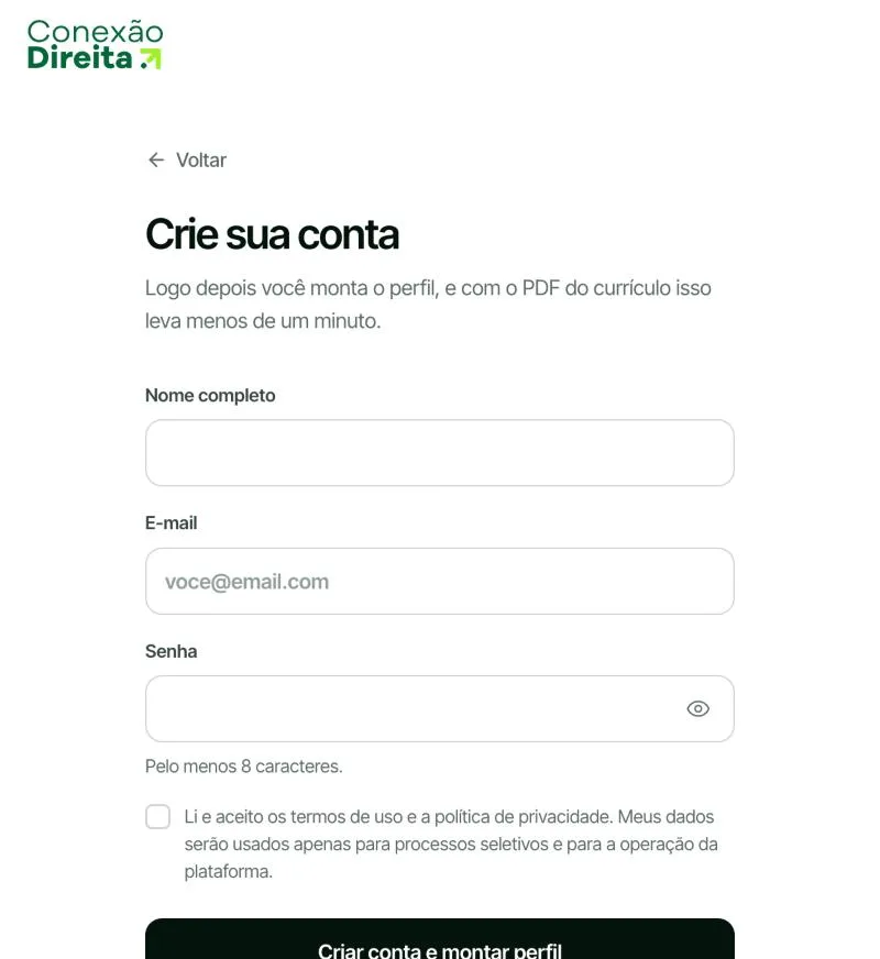 Tela de cadastro de candidato