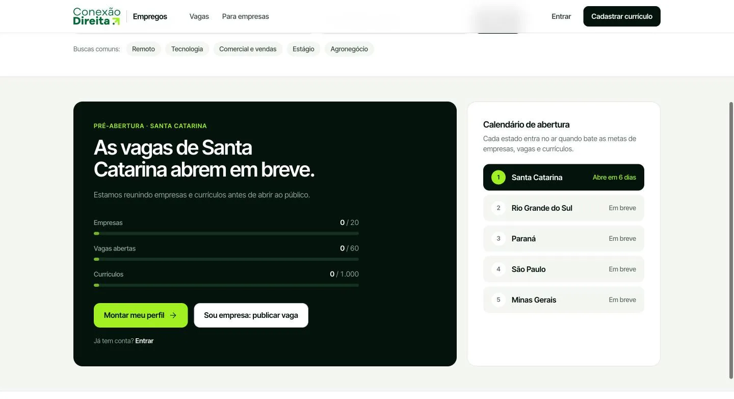 Página de vagas durante a pré-abertura