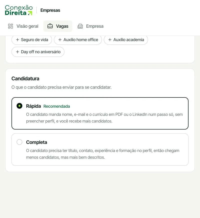 Escolha do tipo de candidatura