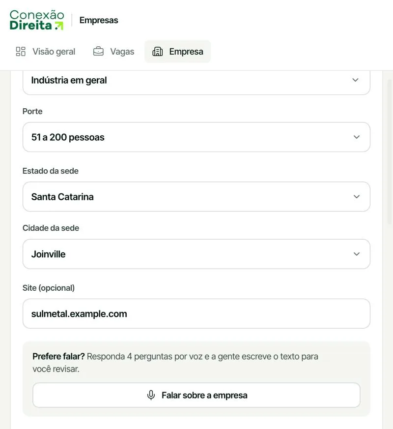 Perguntas do Sobre a empresa por voz